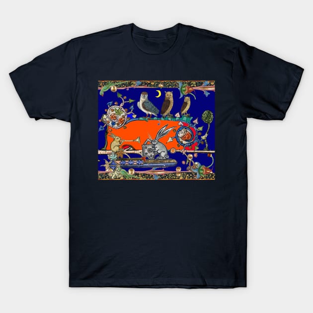 WEIRD MEDIEVAL BESTIARY MAKING MUSIC, Three Owls And Night Concert of Rabbits in Orange Blue T-Shirt by BulganLumini